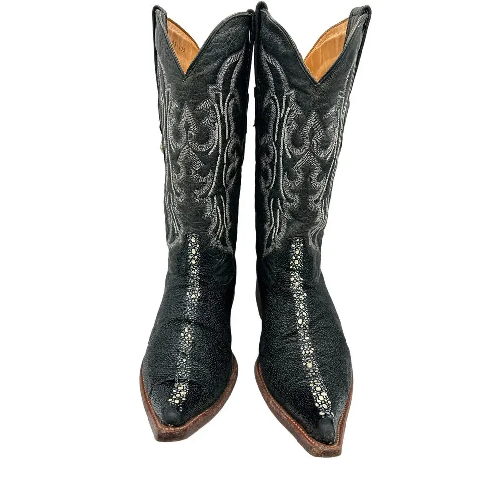 Los Altos Black Stingray Leather Cowboy Boot Mens 9.5 Black Stone Long Snip Toe